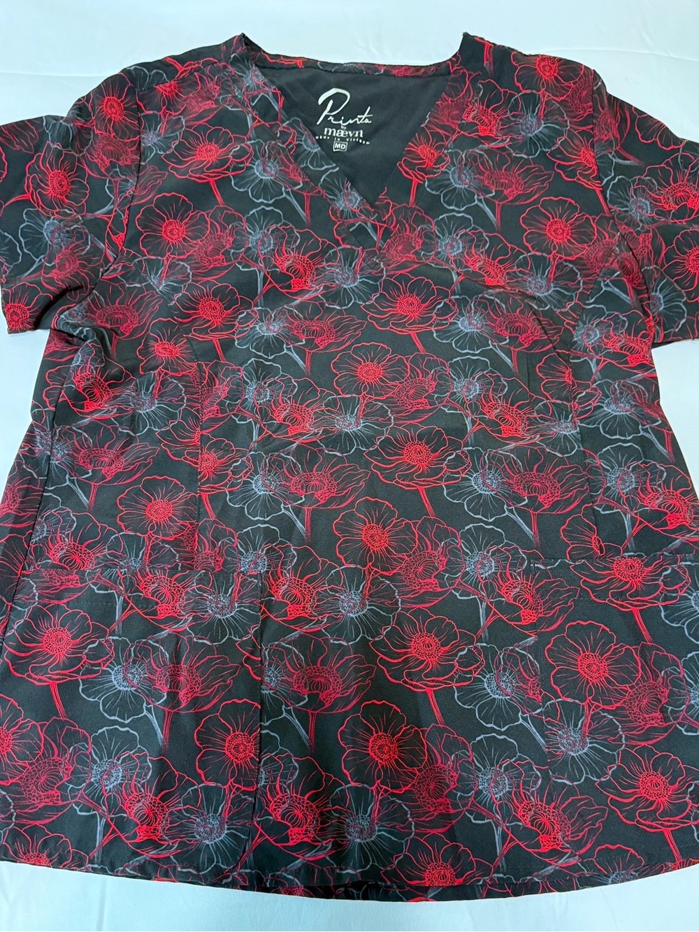 Black & Red Floral V-Neck Scrub Top